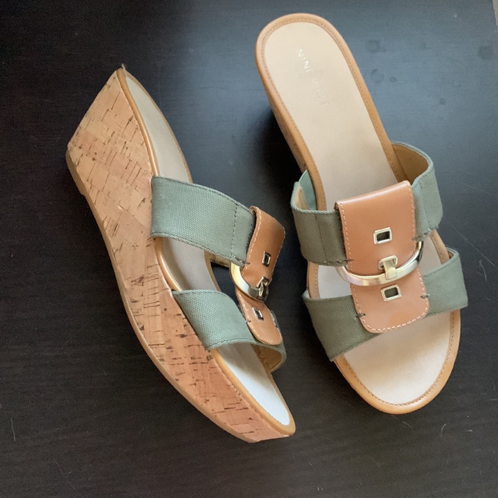 Nine West Olive and Tan Cork Wedge Sandals